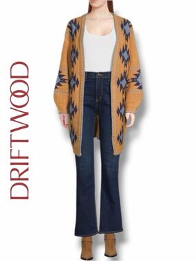 DRIFTWOOD Women's Aztec Mustard and Navy Geometric Open-Front Knit Cardigan in L
